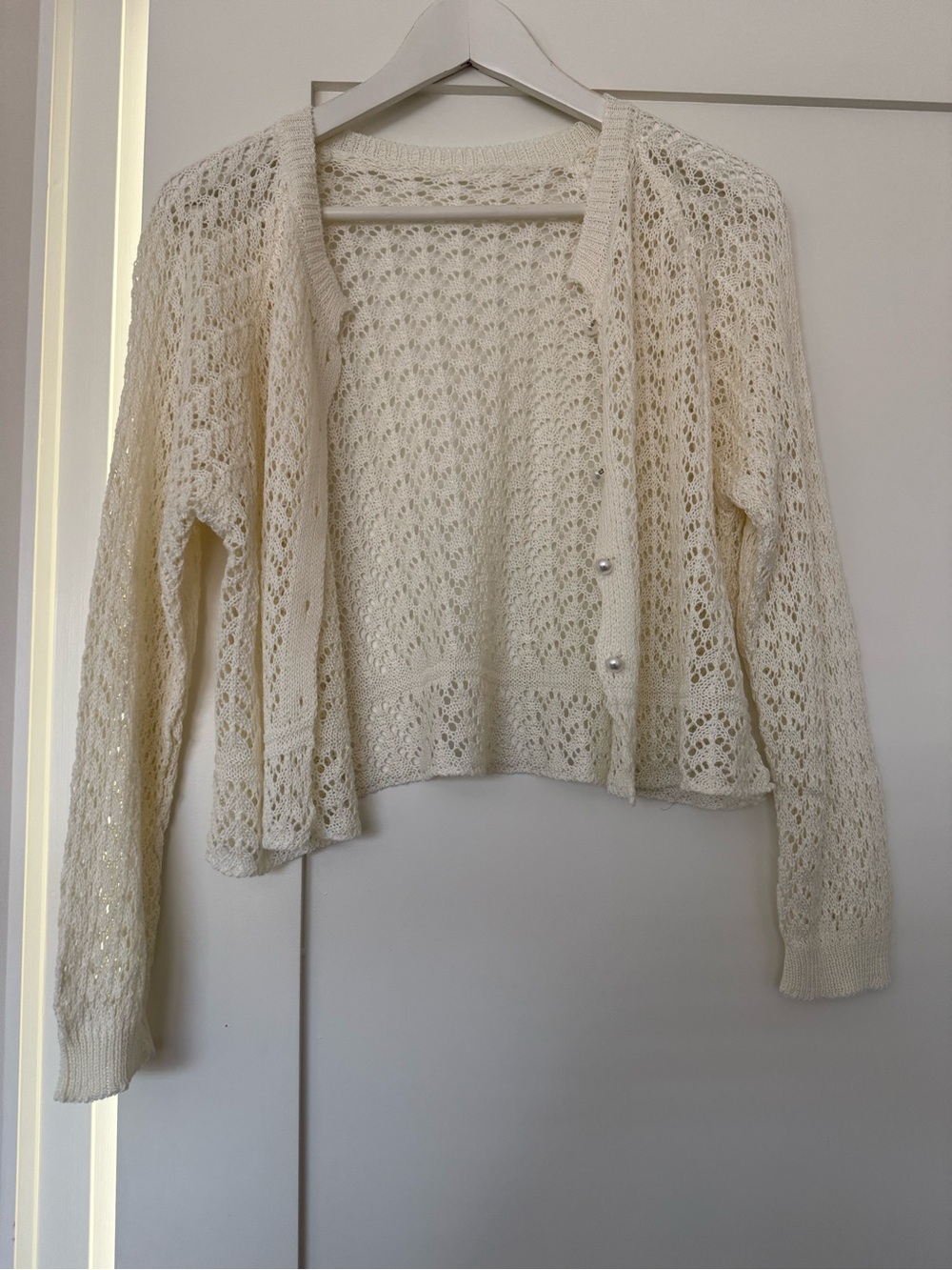 Vintage White Openwork Pointelle Knit Cropped Cardigan Pearl Buttons approx M